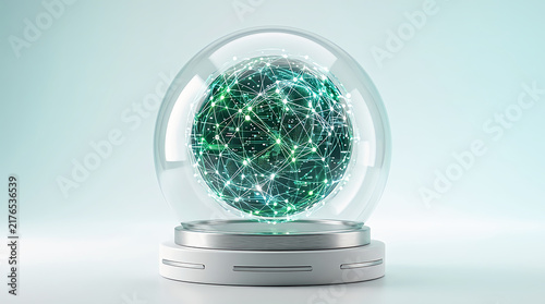 Green digital network sphere inside a glass crystal ball on a silver base