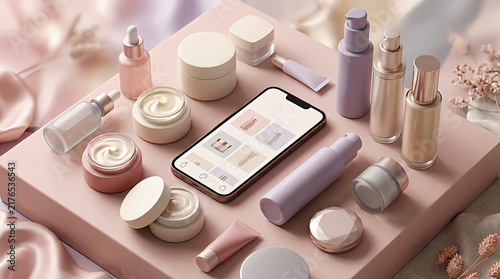 Smartphone with skincare beauty products and cosmetic cream jars on a pink surface