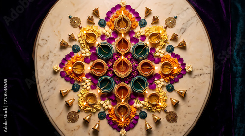 Beautiful diwali diya lamps decorated with colorful flower petals on a wooden surface