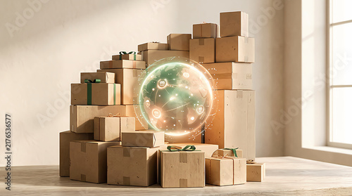 Stack of brown cardboard shipping boxes with a glowing globe in a bright room