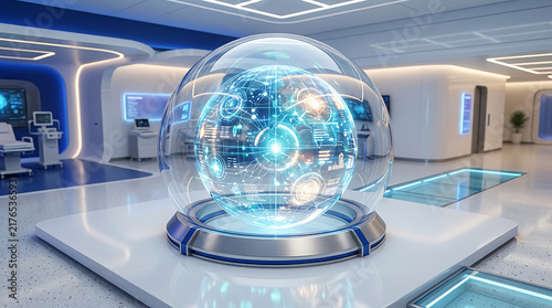 Futuristic glowing digital globe hologram floating in a modern high tech laboratory room