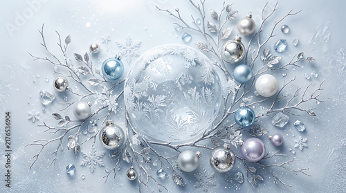 Shiny silver christmas ornaments and decorative branches on a light gray surface