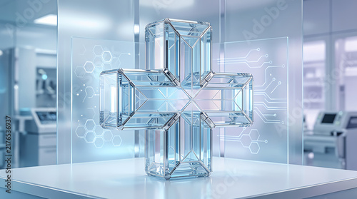 Abstract geometric glass cross shape made of transparent blue cubes in a bright office