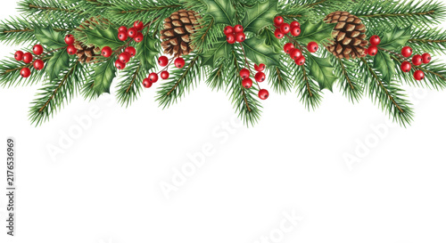 a detailed watercolor illustration of emerald green pine and holly berry garland, forming a decorative border on a stark white background with ample copy space. concept of elegant christmas