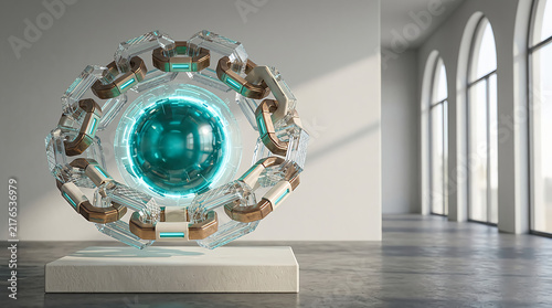 Futuristic glowing blue energy sphere inside a metallic ring in a modern bright gallery