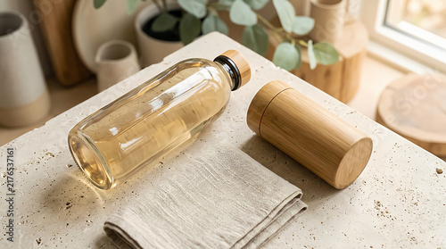 Clear glass water bottle and brown reusable cup on a table with a folded cloth