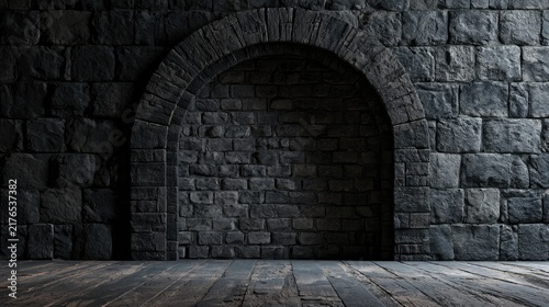 Dark, ancient stone wall with arched alcove and weathered wooden floor