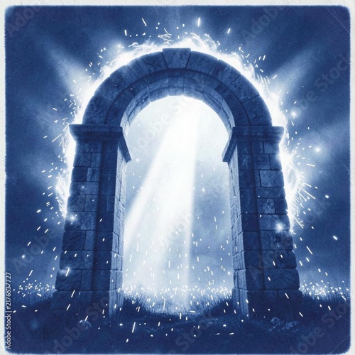 Magical stone archway illuminated by bright light and energy  