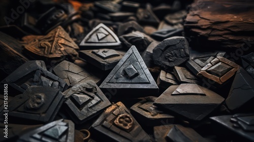 ancient iron pieces lying on the floor . taken with high angle.