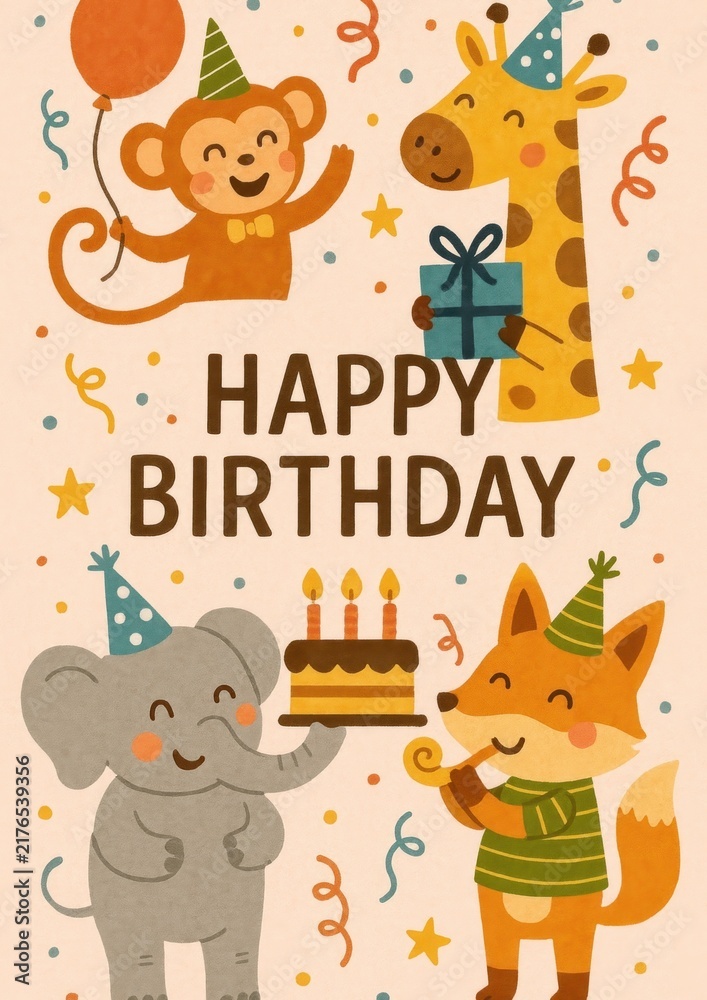 Fototapeta premium Joyful animals celebrate birthday