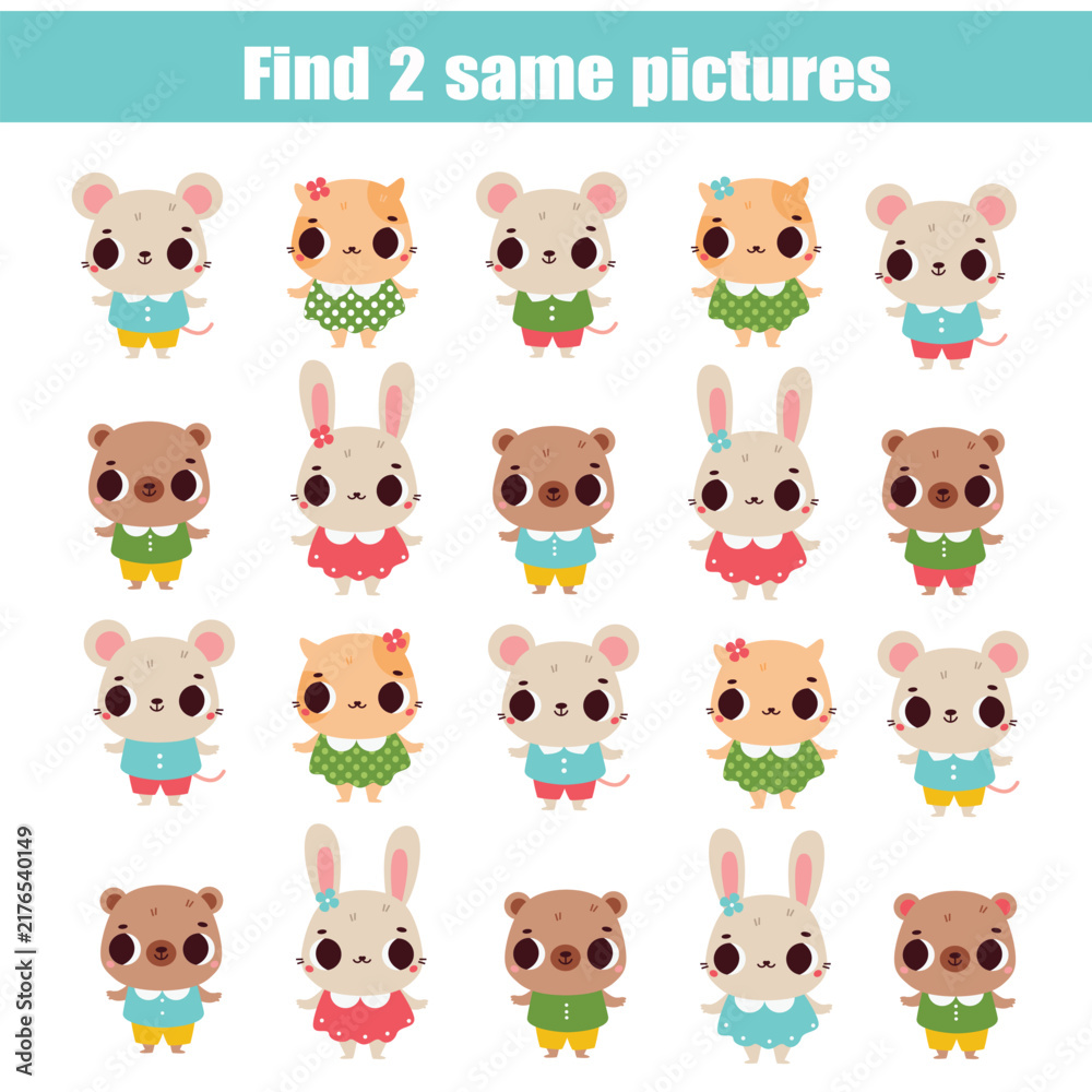 Fototapeta premium Children educational game. Find two same pictures of cute animals. Activity fun page for toddlers and babies