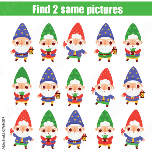 Children educational game. Find two same pictures of cute dwarfs. Activity fun page for toddlers and babies