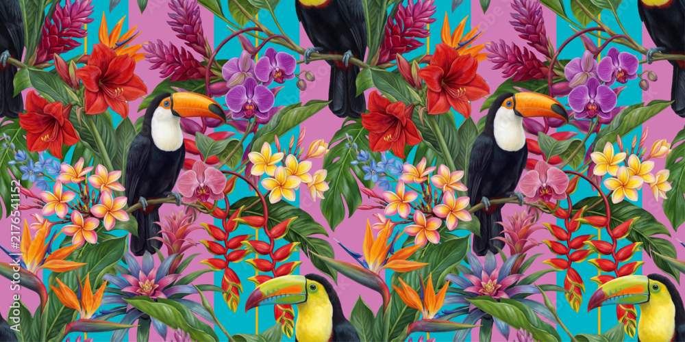 Fototapeta premium Seamless vector pattern with toucans and colorful tropical flowers isolated on a changeable background.
