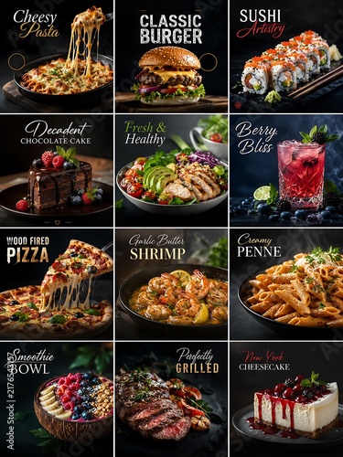 Gourmet food menu collection, 12 professional restaurant dishes, dark moody food photography set for culinary marketing