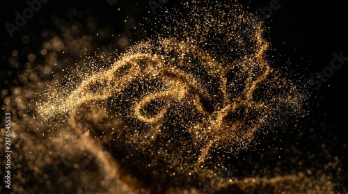 Swirling cloud of fine golden and umber sand particles suspended in midair against deep black backdrop with sparkling individual grains