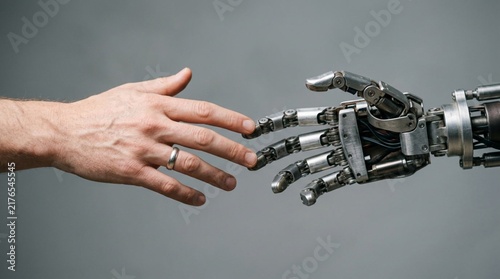 Human hand reaching toward metallic robotic hand in close-up, soft studio lighting with shallow depth of field, symbolizing technology and humanity connection