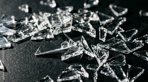 Macro photograph of shattered clear glass fragments scattered across dark matte surface with sharp jagged edges, dramatic lighting and crystalline reflections in high detail