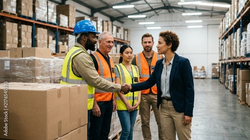Diverse warehouse workers in safety vests and helmets shaking hands with female manager in busy distribution center aisle stacked with cardboard boxes