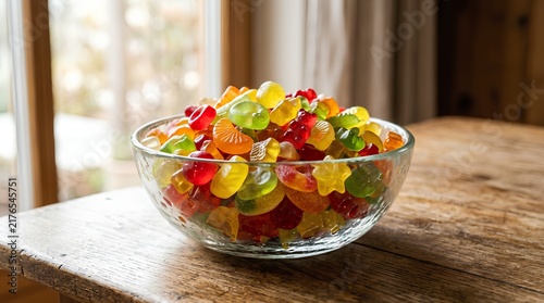 Clear glass bowl filled with assorted colorful gummy candies and jelly sweets in vibrant translucent red, yellow, green, and orange hues, sitting on a rustic wooden table near a bright window