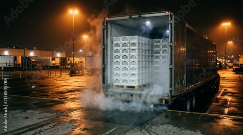 Refrigerated truck trailer with open rear doors at night, cold fog spilling out from stacks of white plastic crates in an illuminated industrial distribution yard