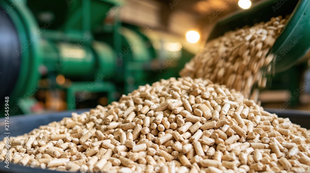 Obraz premium Wood pellets falling from chute into container in industrial factory