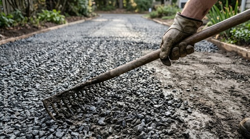 Close-up of gloved hand raking wet gray gravel across leveled dirt base forming even rows of crushed stone for landscaping pathway construction project