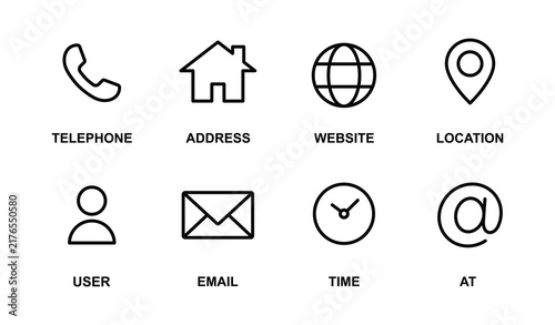 Contact icon set. Phone, home, website, location, user, email and communication vector illustration. Time and message symbol. Interface details sign.