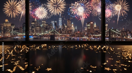Festive dark tabletop surface with golden ribbons and star confetti, viewing a grand fireworks display over the illuminated New York City skyline and Brooklyn Bridge through a panoramic window at nigh