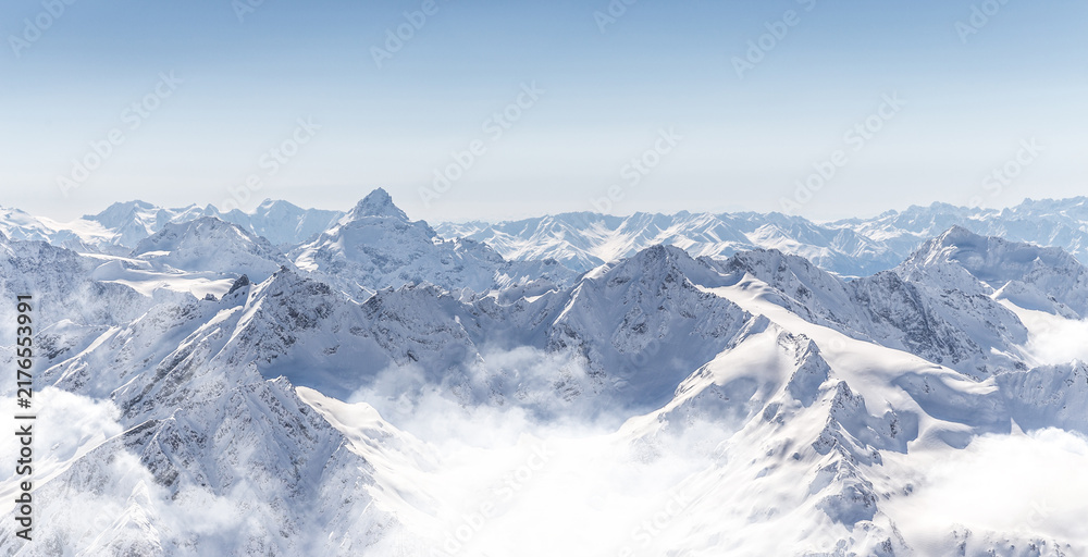 Obraz premium Panorama of winter mountains in Caucasus region, Russia, view from Elbrus mountain
