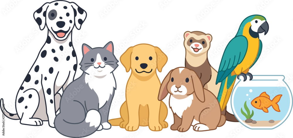 Naklejka premium Group of cute cartoon pets including dog cat rabbit ferret parrot and goldfish sitting together as happy friends group