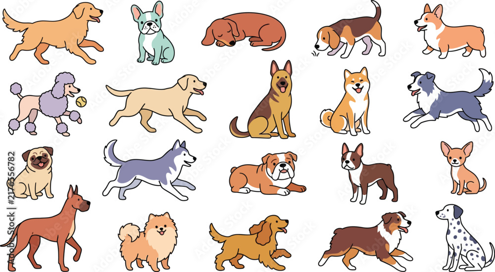 Obraz premium Set of various dog breeds in different poses and colors illustration collection isolated on a transparent background