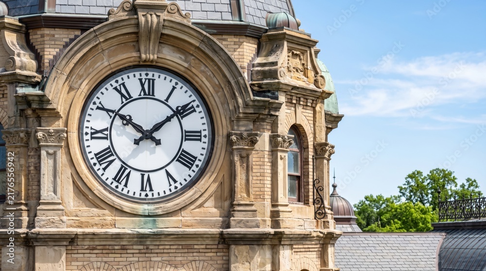 Fototapeta premium Courthouse clock tower face with detailed clock and historical architecture. Courthouse clock tower features large clock face and intricate design, surrounded by sunny sky and trees.
