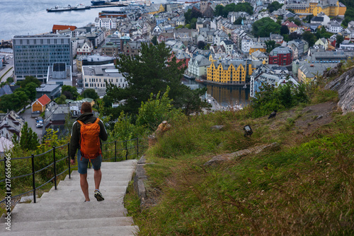 Obraz na płótnie Trail runner descending hillside path with coastal city view, Norway