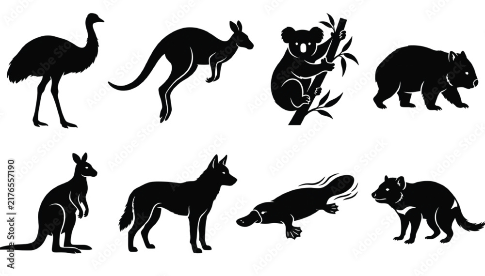Obraz premium Native Australian wildlife silhouettes featuring emu, kangaroo, koala, wombat, dingo and platypus arranged in two distinct rows on a plain white backdrop for educational purposes.