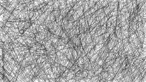 Abstract chaotic black pencil scribble background texture on white. Hand-drawn design element representing chaotic thoughts, stress, brainstorming, complex networks, and modern line art style.