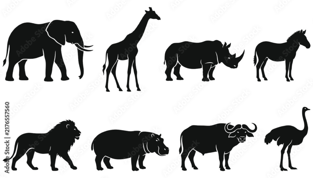 Fototapeta premium African safari animal silhouettes featuring iconic large mammals like elephants, giraffes, rhinoceros, zebras, lions, hippos, buffaloes, and ostriches rendered in crisp black vector style.