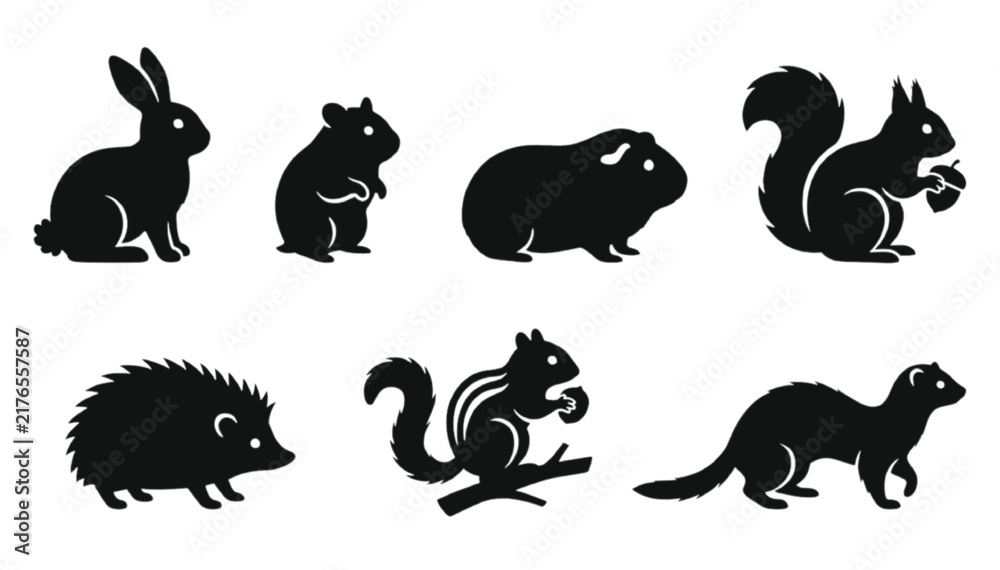 Obraz premium Small mammal silhouettes presenting charming black vectors of rabbits, hamsters, guinea pigs, squirrels, hedgehogs, chipmunks, and ferrets displayed as clean graphic symbols for designers.