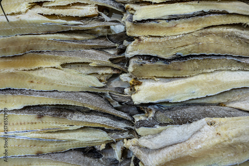 Fotografía Dried and salted codfish, bacalhau, for sale at central food market, Sao Paulo,