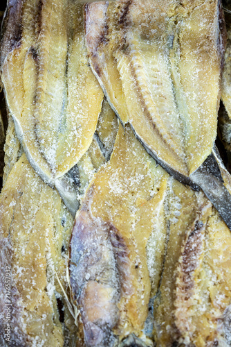 фотографія Dried and salted hake, merluza in portuguese, for sale at central food market, S