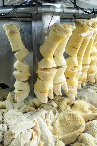 Beef foot, cow heel, and marrow on display on market stall. Sao Paulo city, Brazil