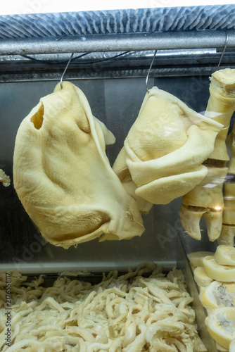 Beef foot, cow heel, and marrow on display on market stall. Sao Paulo city, Brazil