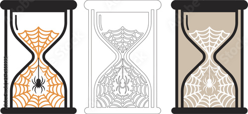 Three hourglass timers with spider webs and spiders for halloween decoration and spooky design