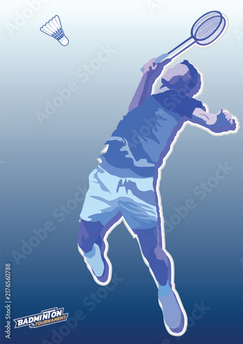 Fotografía Male badminton player performing jumping backhand smash action pose vector illus