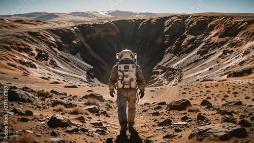 A lone astronaut, wearing a spacesuit, walks across a rocky, desert landscape featuring a vast crater under a clear sky.