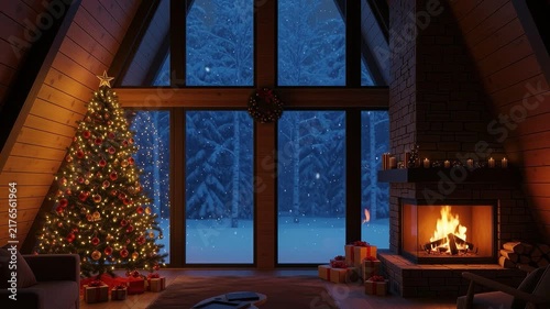 A seamless pattern cozy christmas cabin interior with decorated tree and fireplace
