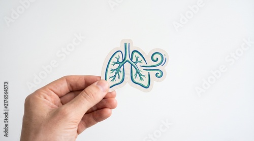 Hand holding a stylized illustration of lungs with air flowing through them on a white background