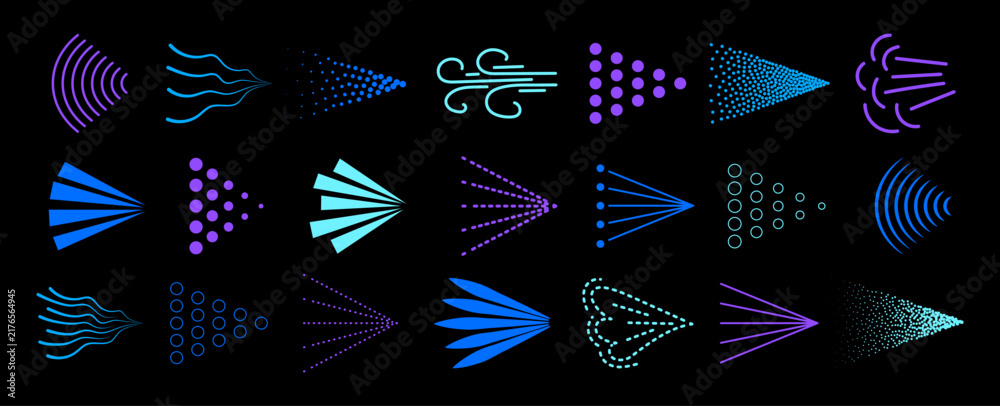 Obraz premium Spray mist icon pack isolated on black background. Blue spray steam icons. Fluid, air, aerosol cloud, nebulizer, steam spraying symbols set. Vector illustration