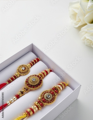 Traditional Gold and Red Rakhis in Gift Box With White Roses for Raksha Bandhan Celebration