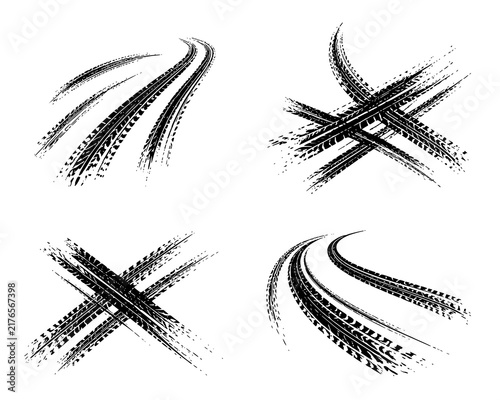 Tire tread marks after skidding, launch, drift, powerslide in motorsport, rally, off-road, motocross. Wheel texture with splash effect. Vector, transparent PNG version.