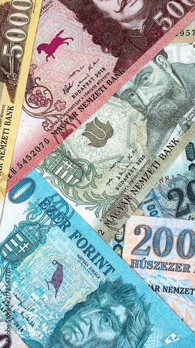 Fotografie Hungarian forint money bills in pile on table